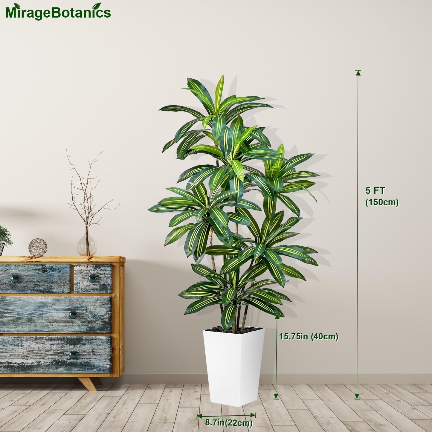Artificial Dracaena Tree 5FT Tall Fake Plant with White Planter - Realistic Faux Dragon Tree with Tall Planter - Indoor Floor Plant for Home, Office,Mall, Living Room, Bedroom Decor