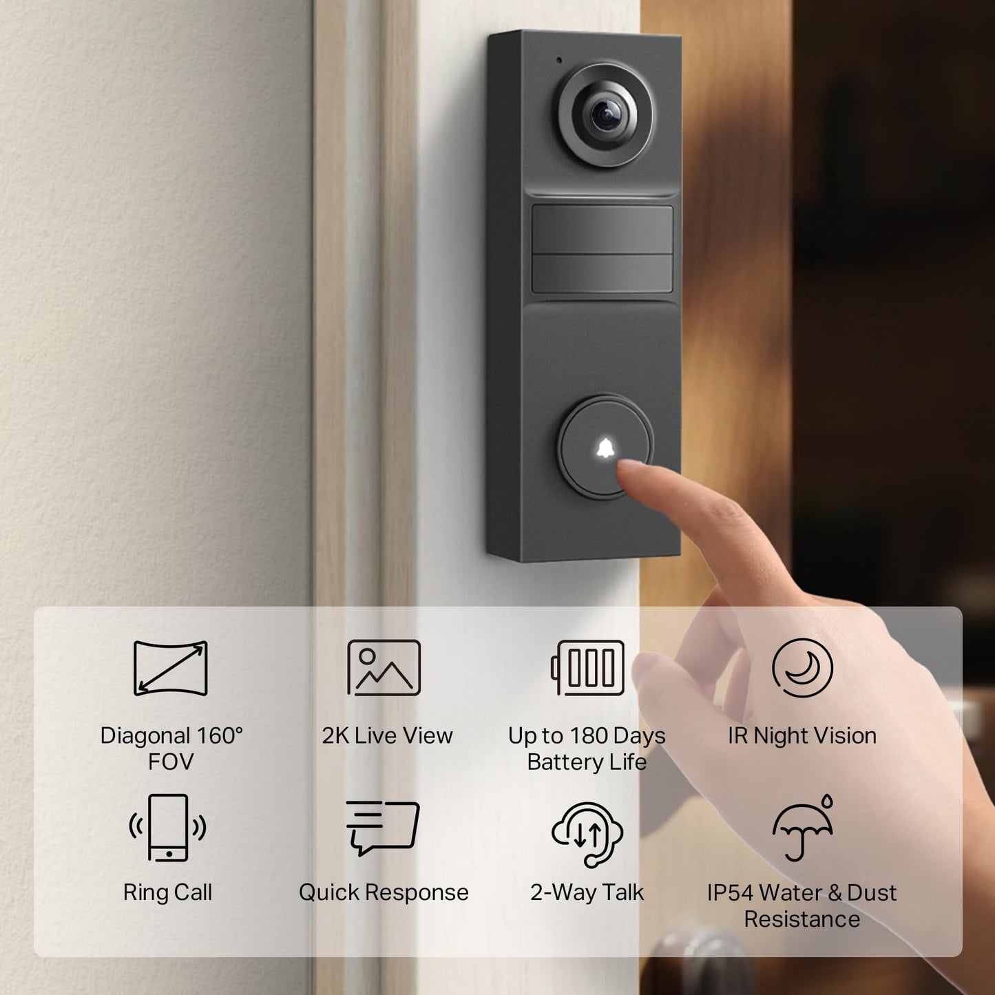 Tapo Smart Video Wireless Doorbell Camera - 2K, 160° Ultra-Wide View, Up to 180 Days Battery, HomeKit, Alexa, Google Assistant Compatible, Free AI Person Detection, IP54, SD/Cloud Storage, D205