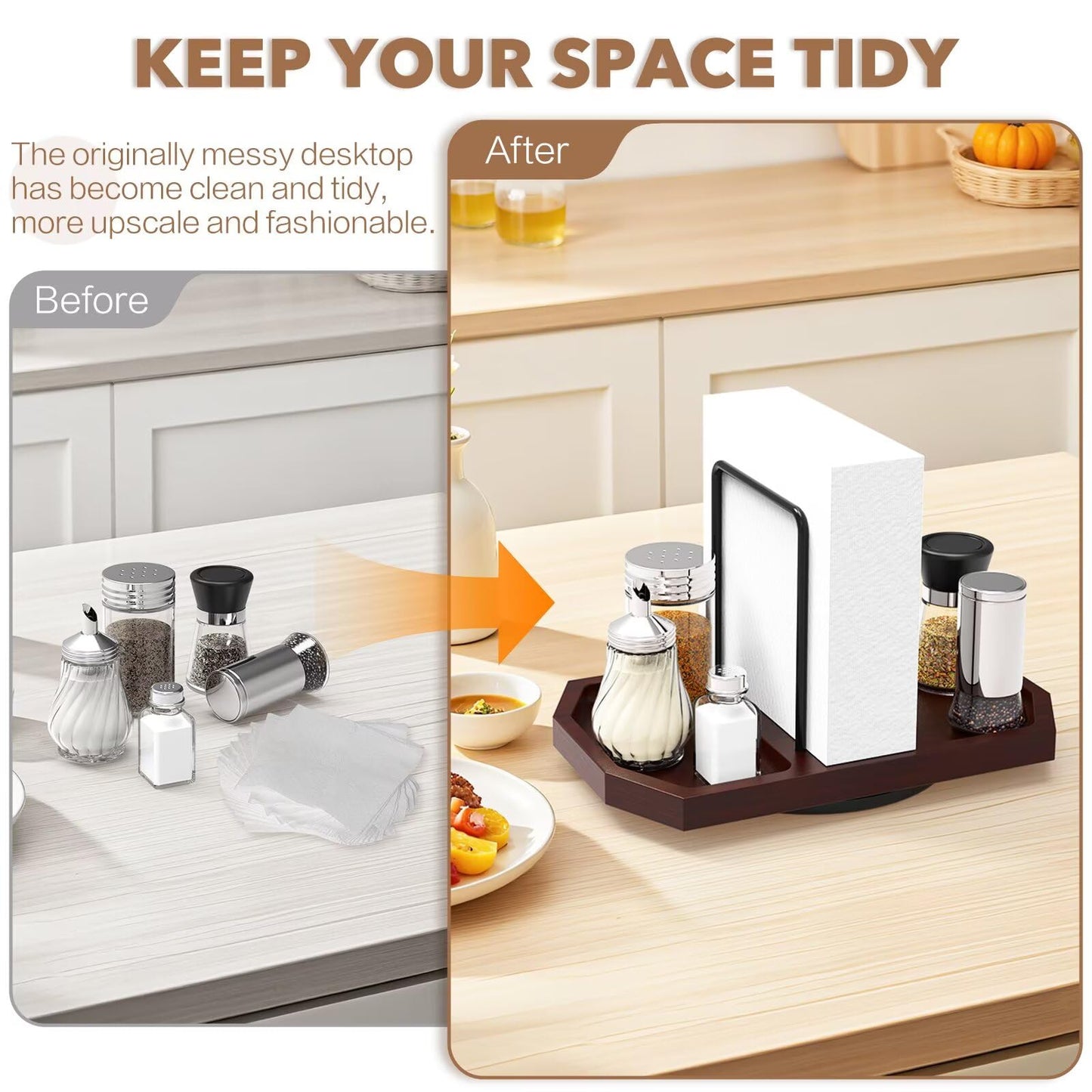 FODIENS Napkin Holder for Table, Rotating Napkin Dispenser with Salt and Pepper Shakers Storage, Standing Paper Napkin Organizer for Kitchen Dining Table Decor (1, Brown)