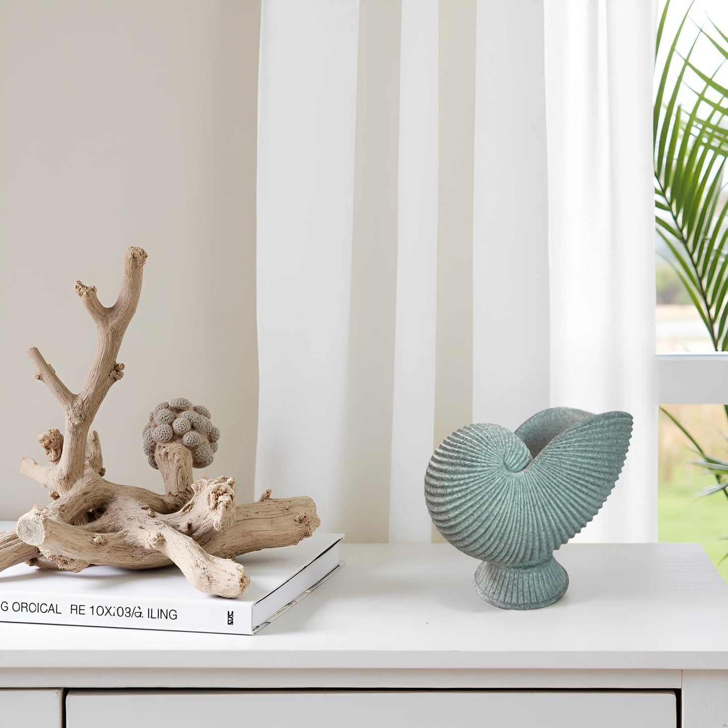 Dwelloria Nautilus Shell Sculpture – Gray White Resin Spiral Shell Decor, Modern Coastal Home Accent
