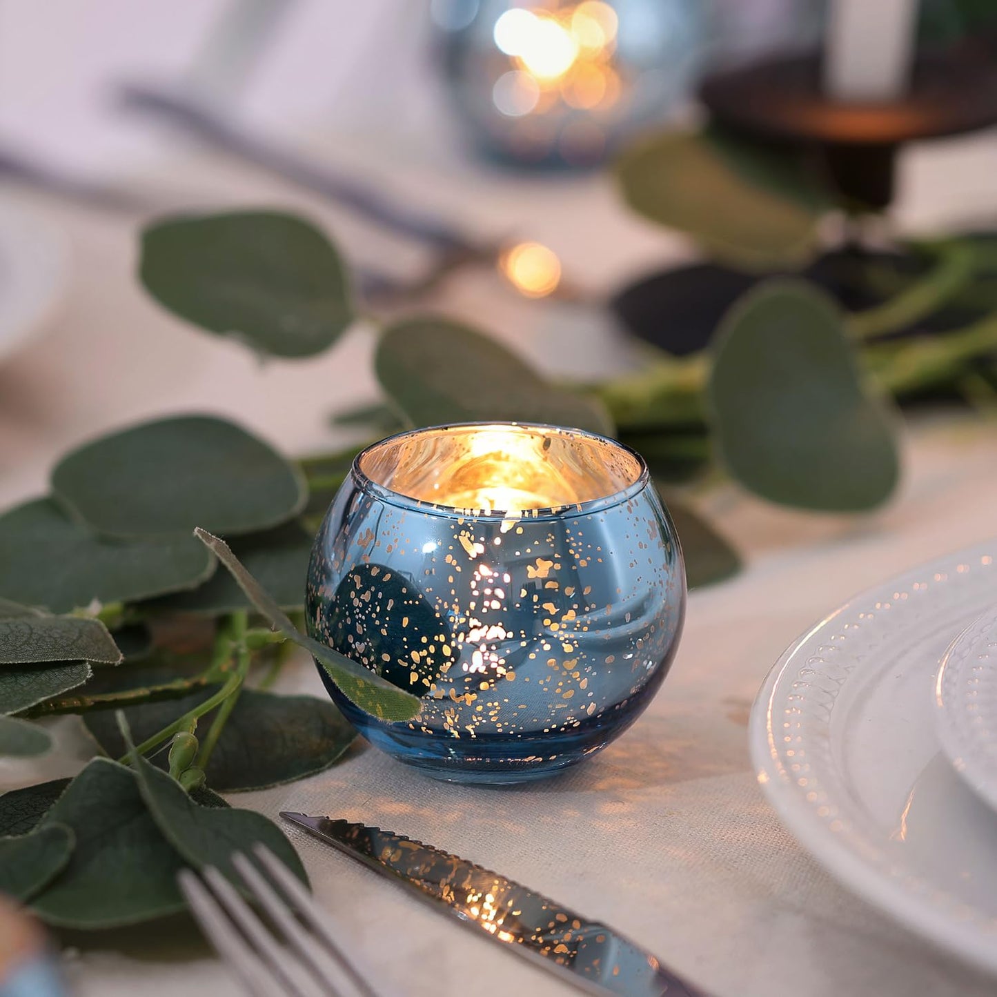 LAMORGIFT 24 Pcs Blue Votive Candle Holders- Blue Centerpieces for Tables, Round Mercury Glass Candle Holder for Wedding Decor, Bridal Shower Decorations