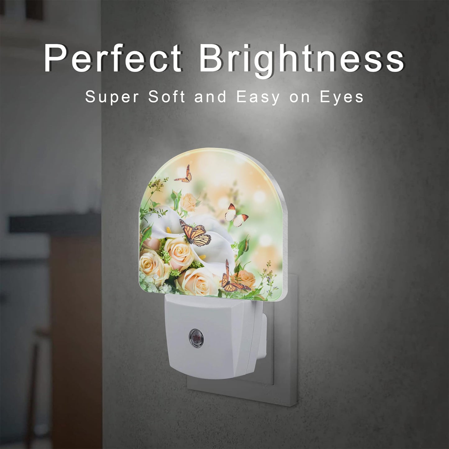 Yellow Rose Flowers Butterfly Night Light Plug into Wall, Spring Floral Butterflies Dusk to Dawn Night Light Plug in,0.5w Energy Saving Sleep Friendly NightLight for Kids Boys Girls Home Decor