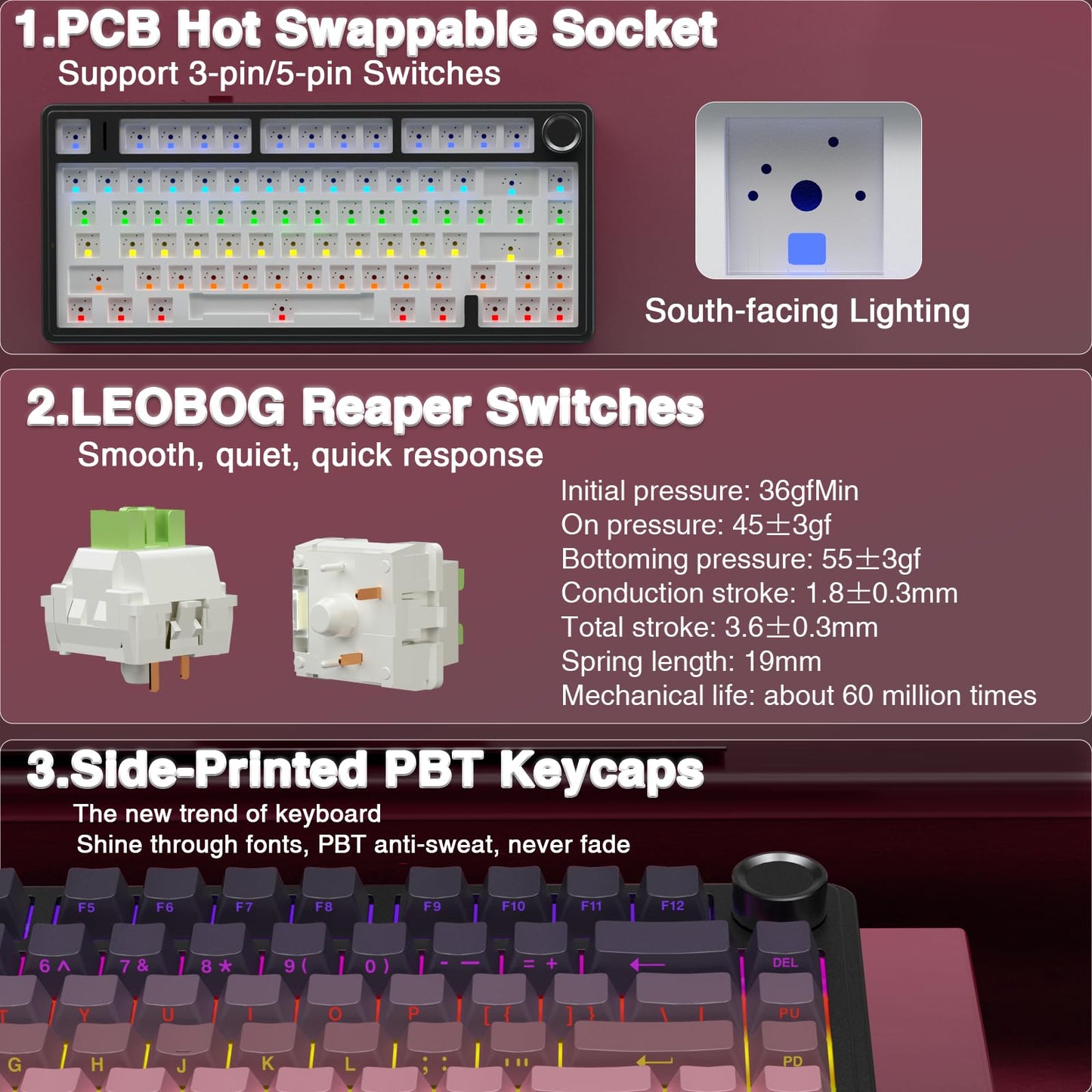 AULA F75 Pro Wireless Mechanical Keyboard,75% Hot Swappable Custom Keyboard with Knob,RGB Backlit,Pre-lubed Reaper Switches,Side Printed PBT Keycaps,2.4GHz/USB-C/BT5.0 Mechanical Gaming Keyboards