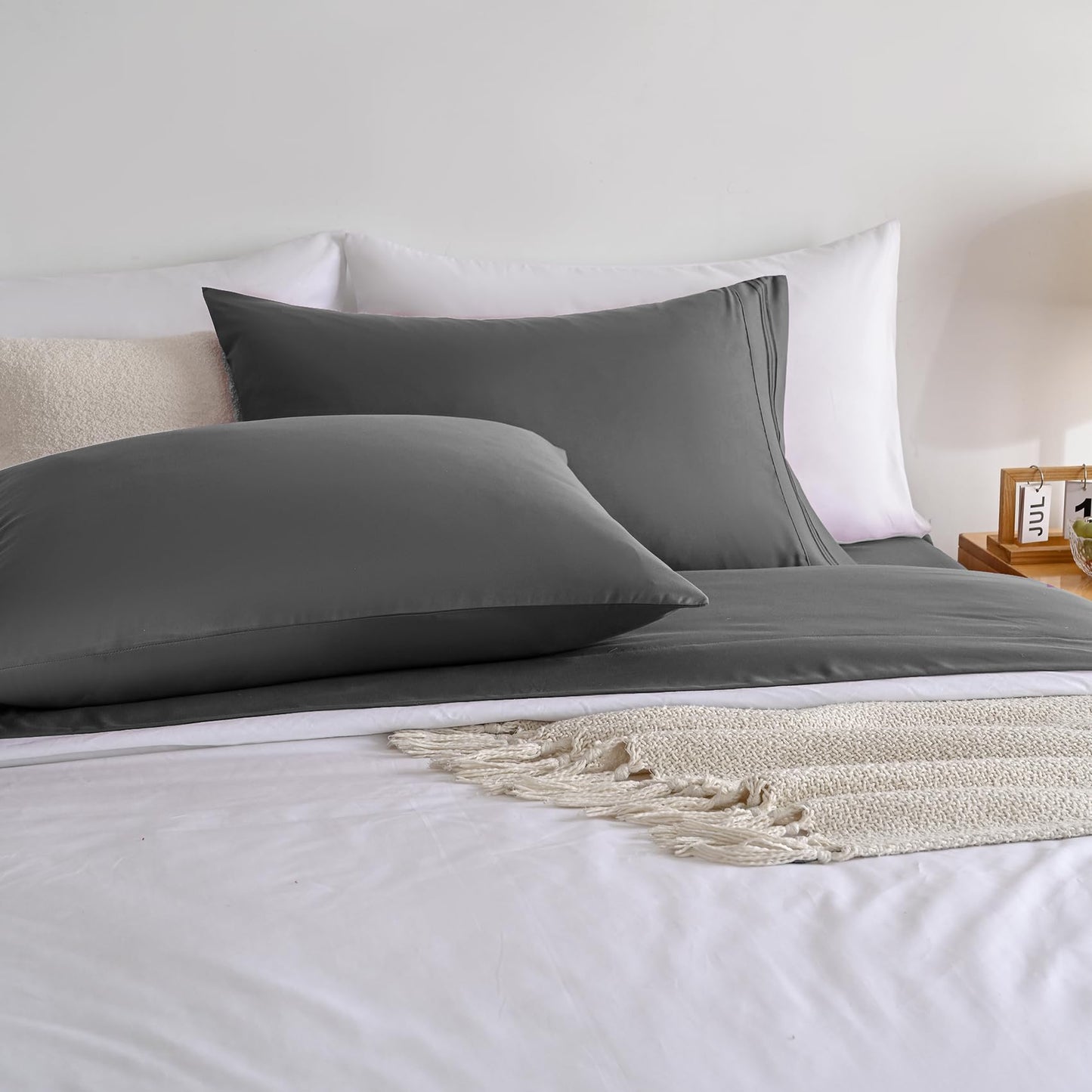 Yibeizi Queen Sheet Set Cooling Sheets Deep Pocket Queen Size Bed Sheets Set, Grey Soft Microfiber Oeko-Tex Sheets & Pillowcases Hypoallergenic Wrinkle Free Bedsheets