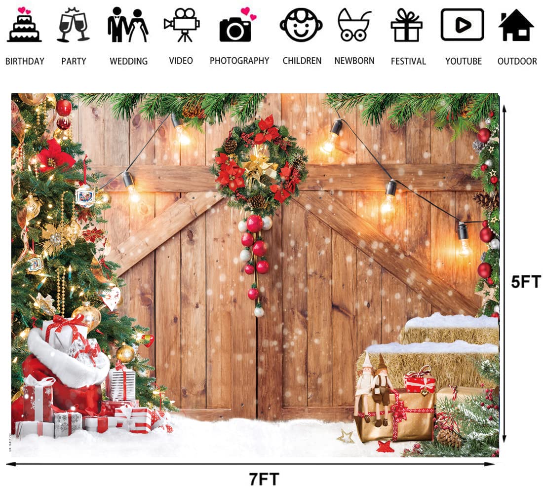 LTLYH 7x5ft Christmas Barn Door Backdrop Christmas Rustic Wooden Wall Background Xmas Tree Snow Holiday Party Banner Decoration Photo Booth