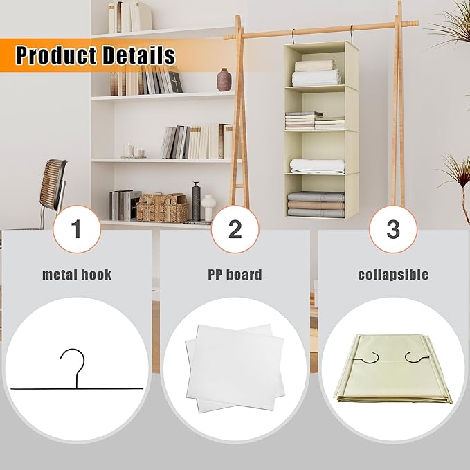 Hanging Closet Organizer, Easy Mount Foldable 4-Shelf Hanging Closet Wardrobe