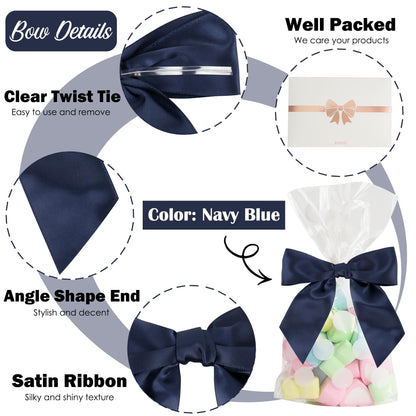 AIMUDI Navy Satin Ribbon Twist Tie Bows for Treat Bags 4.5" Pre-Tied Navy Blue Bows for Christmas Tree Blue Ribbon Bows for Crafts Premade Bows for Gift Wrapping Baby Shower Party Favors - 36 PCs