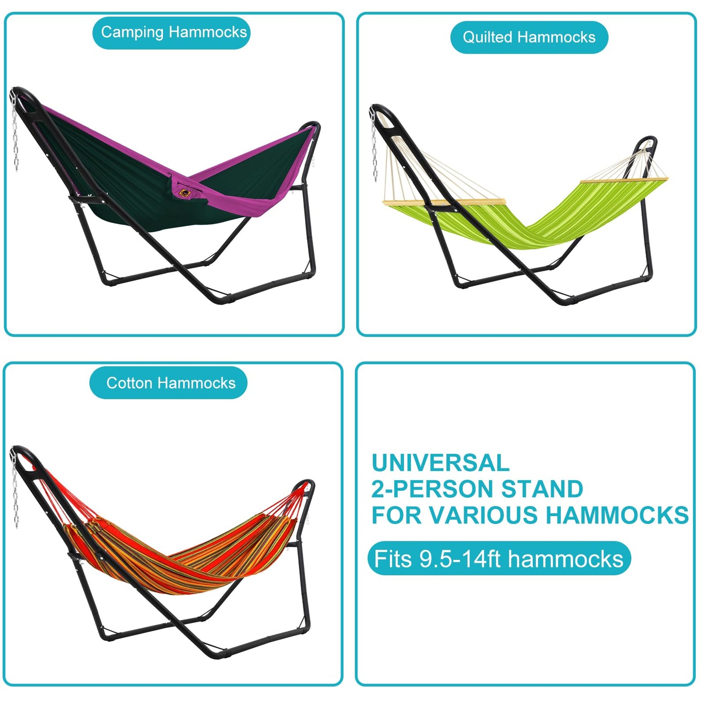 Universal 2 Person Hammock Stand, Heavy Duty Steel Hammock Stand 550 lbs Capacity, Fits 9 to 14 Foot Hammocks for Outdoor Indoor Adjustable Portable Hammock Stand with Chain, Hook, and Carrying Bag
