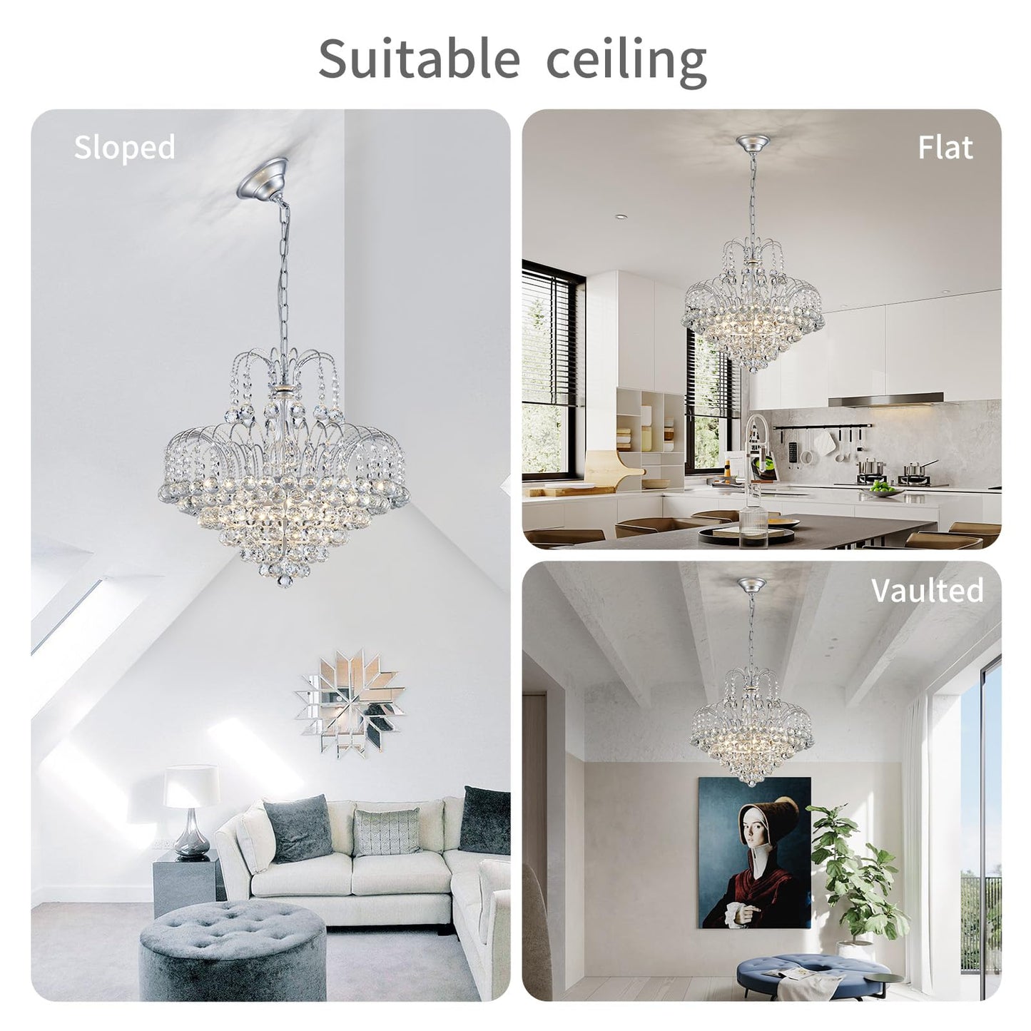 WUZUPS Crystal Chandelier Pendant Flushmount Ceiling Light Modern Lighting Fixture for Bedroom Hallway Bar Kitchen Bathroom, H 17.3" x W 18.9", Silver, E12 Base