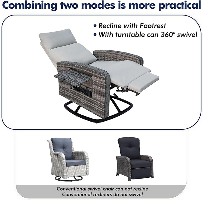 Outdoor Recliner Chair Set of 2, Wicker Patio Recliners with Adjustable Backrest and Extended Foot Rest, Reclining Patio Chairs with Flip Table & Removable Cushion Cover for Porch