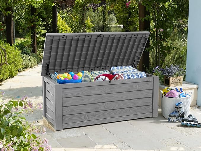 Keter Westwood 150 Gallon Resin Large Outdoor Storage Box for Patio Furniture, Outdoor Cushions, Garden Tools and Pool Floats, Light Grey