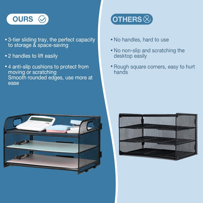 NCXTKJ 3-Tier Letter Tray Paper Organizer with Handle, Compact Mesh Desk File Organizer for Home Office Supplies Desktop Accessories,Black