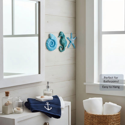 AIM & GGKK 3D Art Ocean Beach Wall Decor Coastal Decorations Sets with Starfish, Seahorse,Conch for Bedroom Bathroom Livingroom Beach House