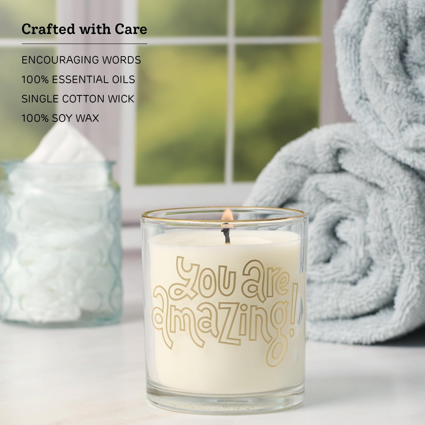 With Love Driftwood & Sea Salt Scented Candle, Soy Wax, Pure Essential Oils, You are Amazing Sentiment, Friendship Gifts, White and Gold Design Glass Jar, 40 Hours Burn Time