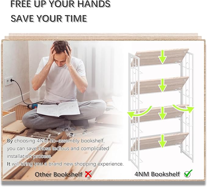 4NM No Assembly 4 Tiers Folding Bookshelf, 47.2" H Foldable Storage Shelves