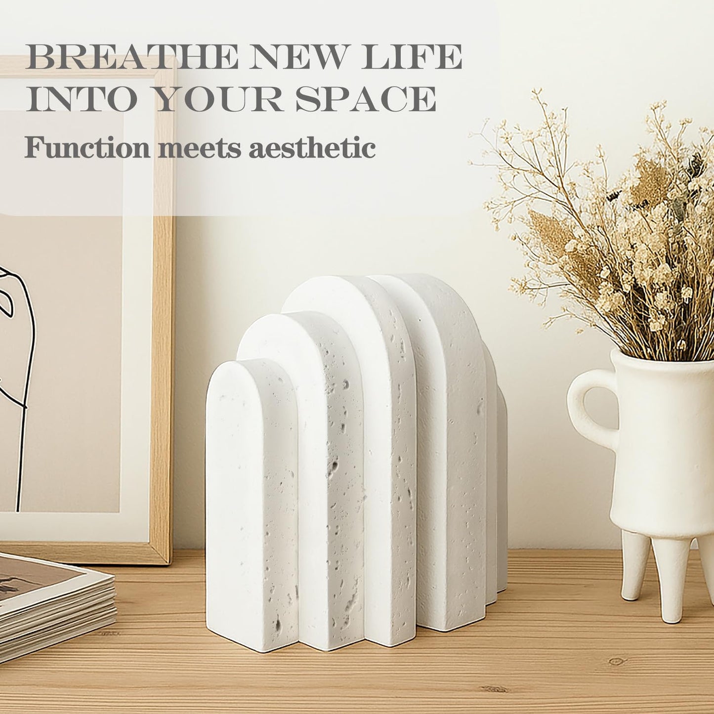 Iemegumi Decorative Book Ends for Shelves - Boho Aesthetic Bookends Decor - Heavy Duty Travertine Book Stopper Holder for Home Office Desk Coffee Table, Gifts for Book Lovers (White)