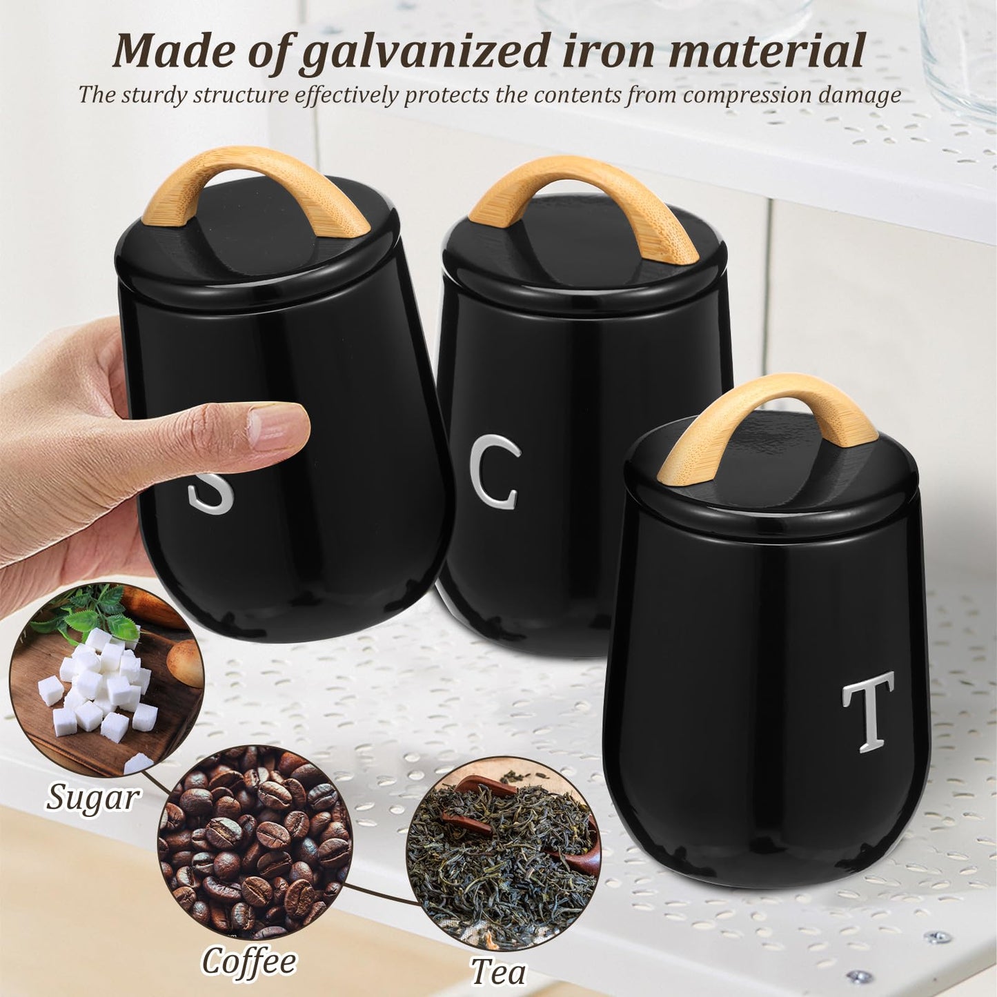3Pcs Canisters Sets for Kitchen Countertop - Sugar and Coffee Container Set, Metal Moisture Proof Sealed Jar with Label, Kitchen Canisters for Coffee Beans, Tea, Sugar, Salt, Flour, Spices (Black)
