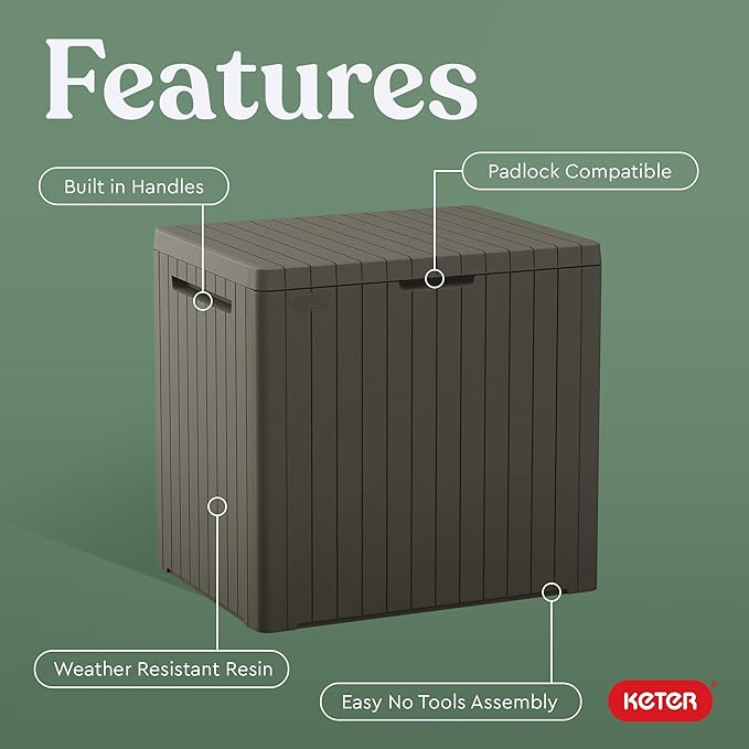Keter City 30 Gallon Resin Outdoor Storage Box & Patio Side Table for Balcony, Pool, Deck & Garden Accessories, Weather‑Resistant, Mossy Brown