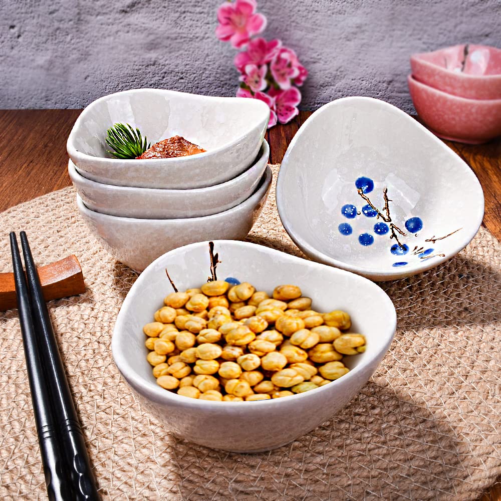 Whitenesser Ceramic Dipping Bowls Set of 5, 3.7 oz Japanese Style Mini Sauce Dishes, Hand-Painted Floral Patterned Prep Bowls for Soy Sauce, Sushi, Condiments, and Spices, Stackable Round Ramekins