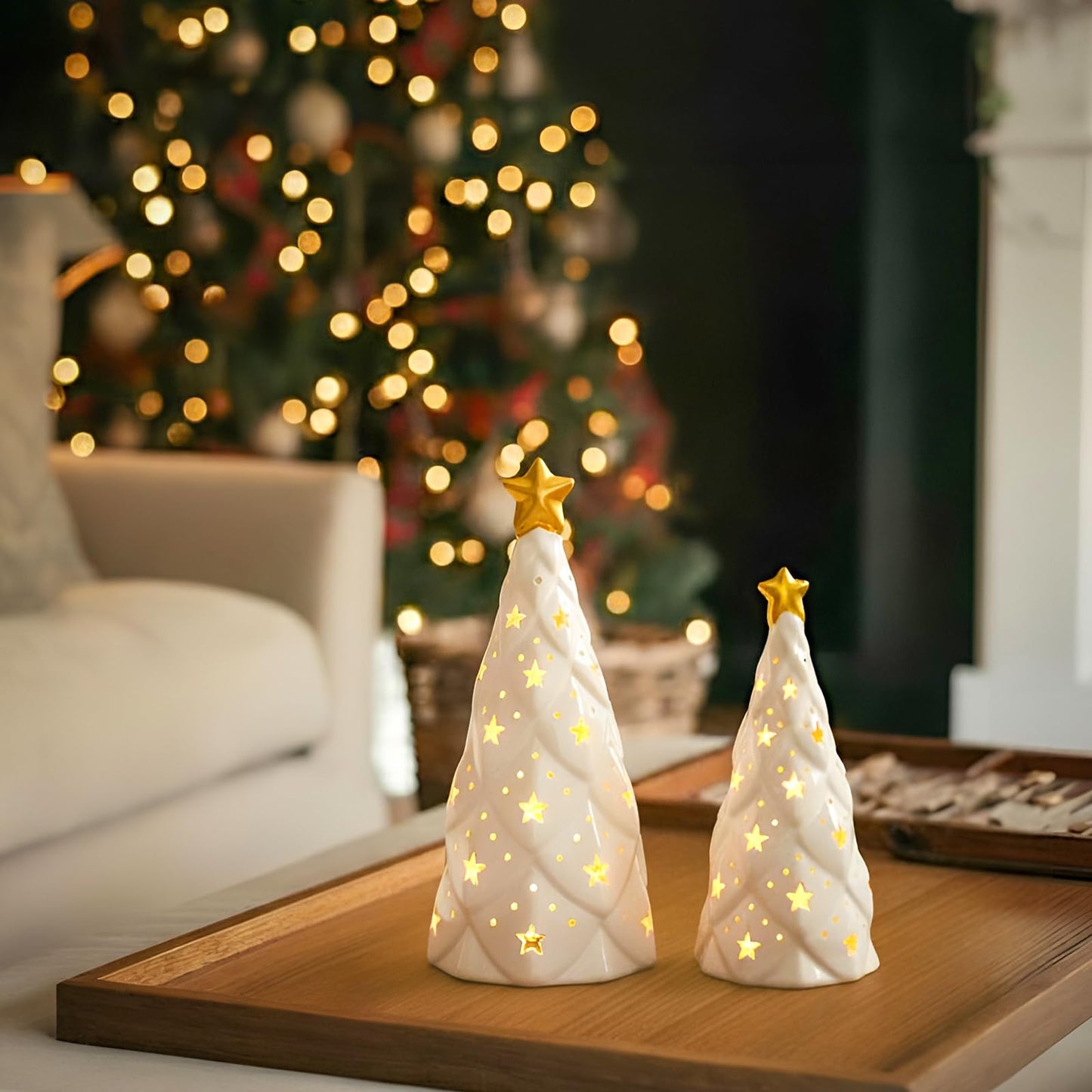 DN DECONATION Ceramic Christmas Trees Light Up White, 2Pcs Christmas Tree Lighted, Xmas Small Tree with Lights, Christmas Tree Figurines for Tabletop Fireplace Home Centerpieces Decoration