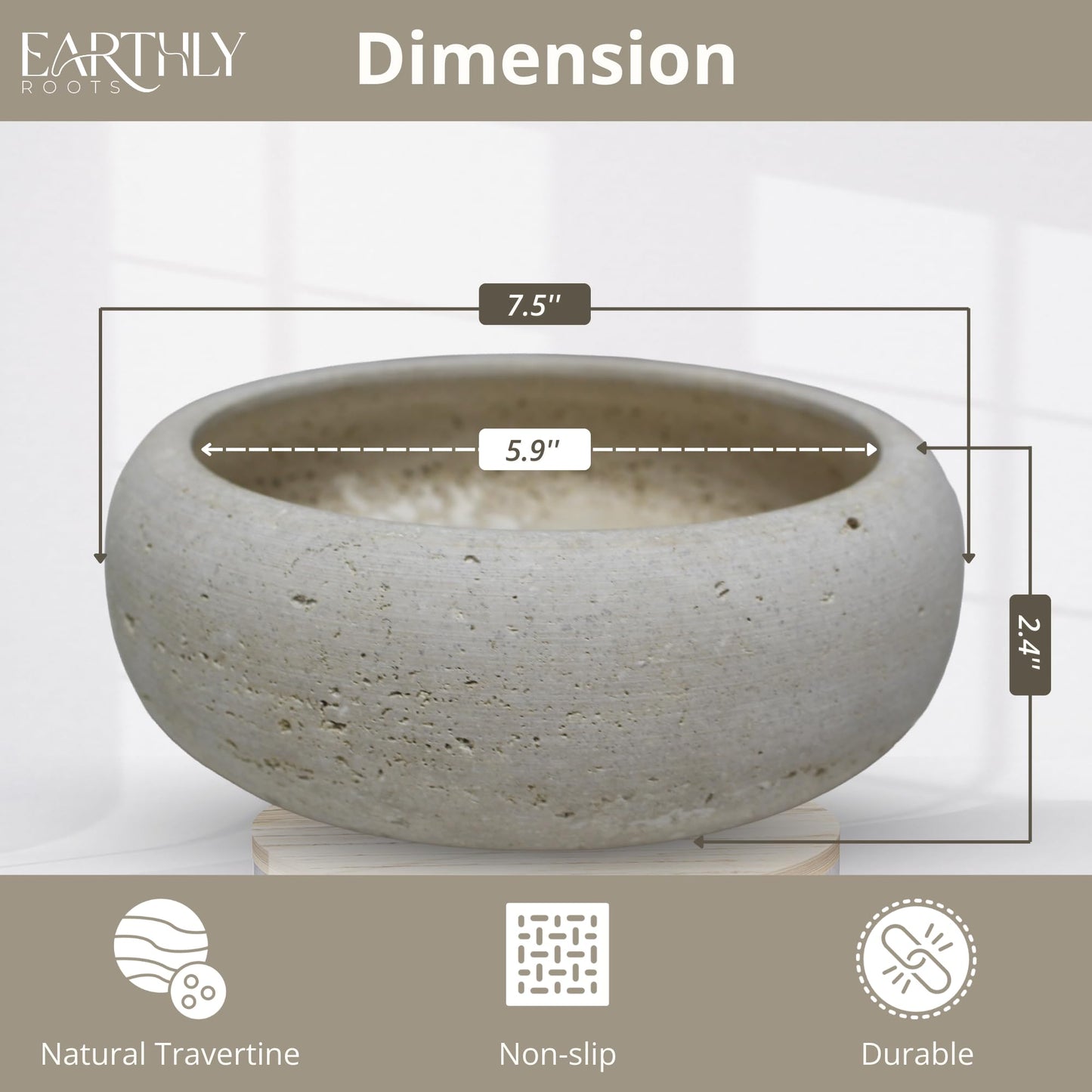 EARTHLY ROOTS Travertine Decorative Bowl, 7.5” Natural Stone Candy Bowl, Coffee Table Catchall Dish for Living Room, Candle, Key, Trinket Holder & Hand Crafted Home Decor