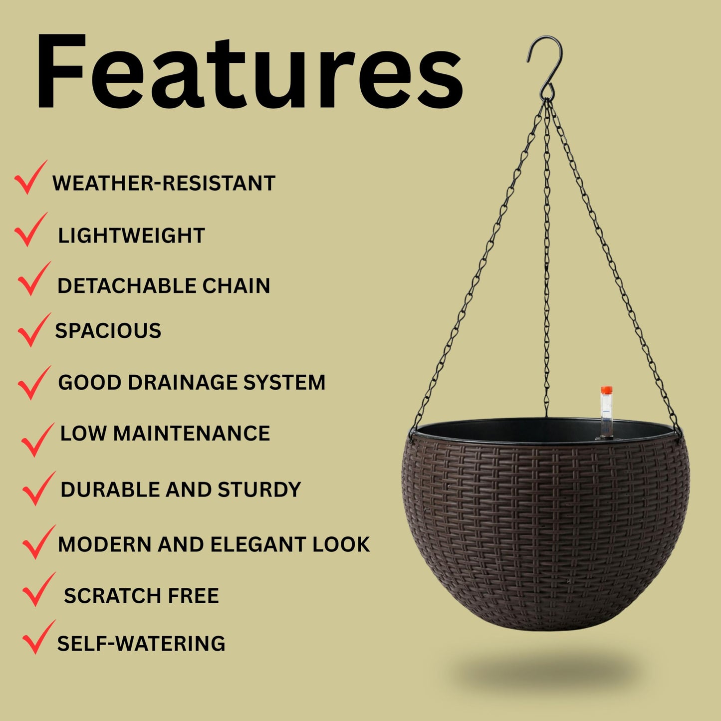 LaLaGreen Hanging Planters for Indoor Plants (11 Inch, 4 Pack) Brown Rattan Style Self-Watering Flower Pots with Water Level Indicator, Round Plastic Baskets with Metal Chain for Balcony, Porch Garden