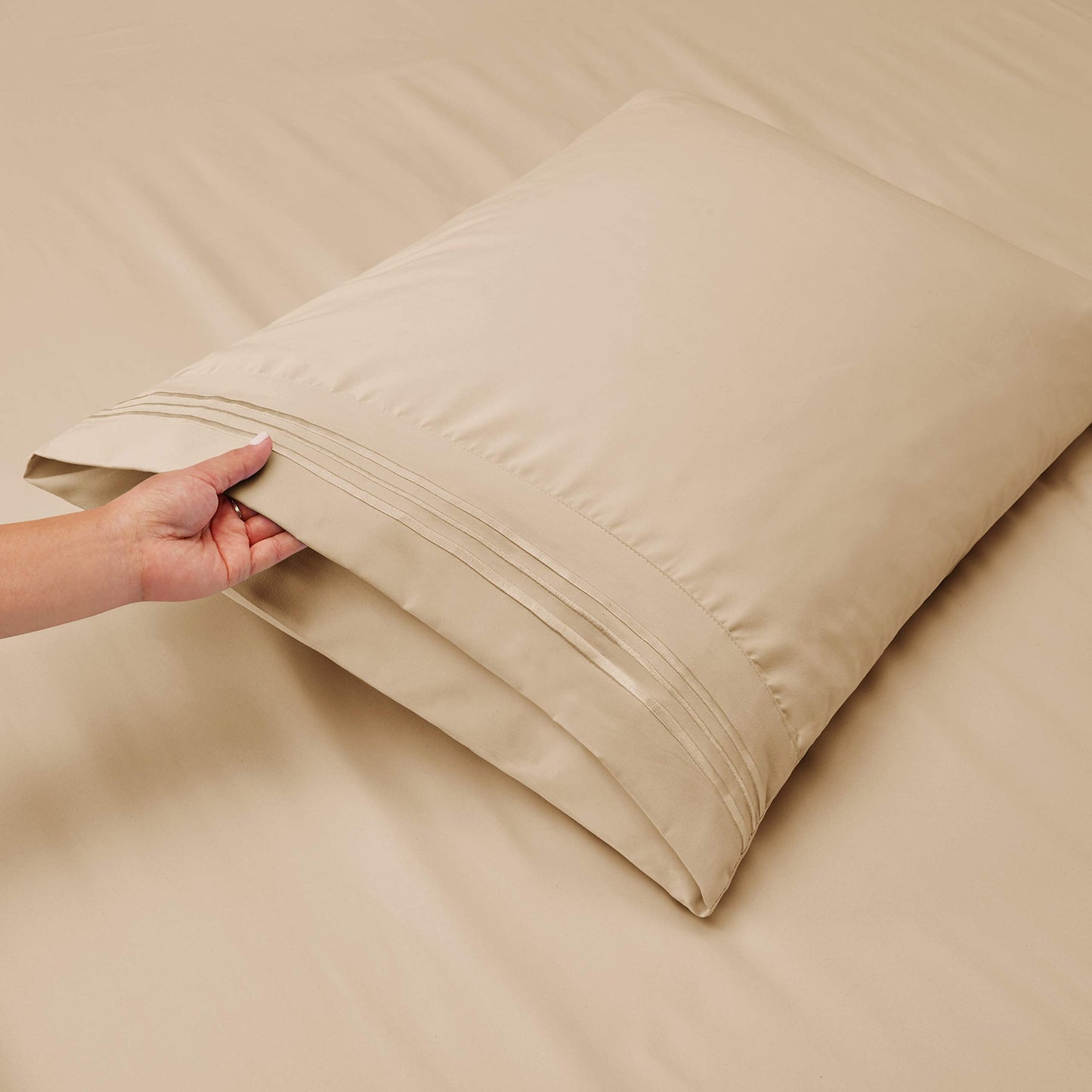 Hearth & Harbor Full Size Sheets - 4 Piece Bed Sheet Set, Hotel Luxury Double Brushed Bed Sheets - Extra Soft Bedding Sheets & Pillowcases, Full, Beige