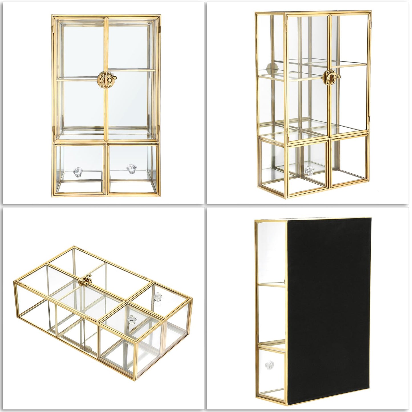 ELLDOO Clear Glass Storage Box with 2 Drawer, Gold Mirrored Jewelry Makeup Display Organizer Case, Decorative Tower Box Storage for Trinket Perfume Lipstick Figure Statue Toy Display