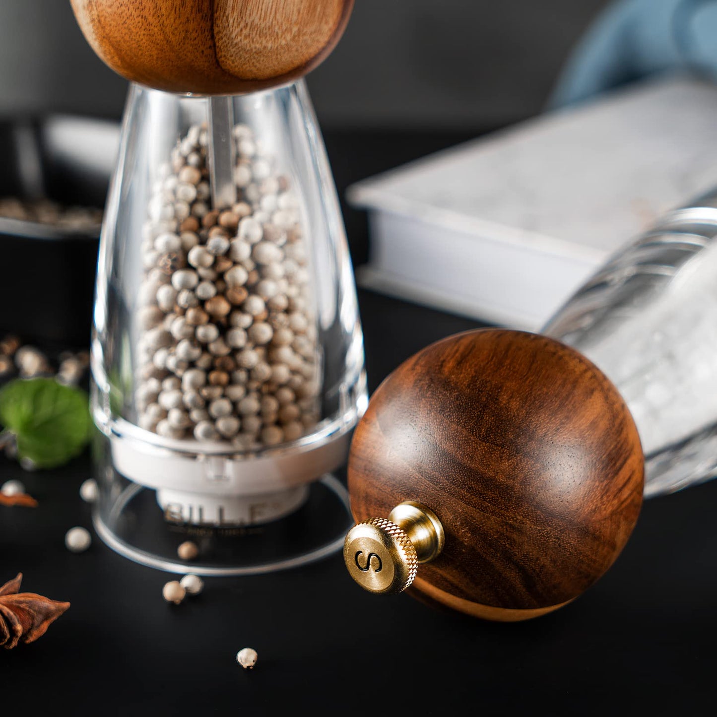 Wood Salt and Pepper Grinders Refillable Set of 2 - Refillable Acrylic Salt Shaker or Pepper Shaker Two 5 oz Salt - Pepper Mill or Salt Mill - Spice Grinder - Easy Clean Ceramic Grinders