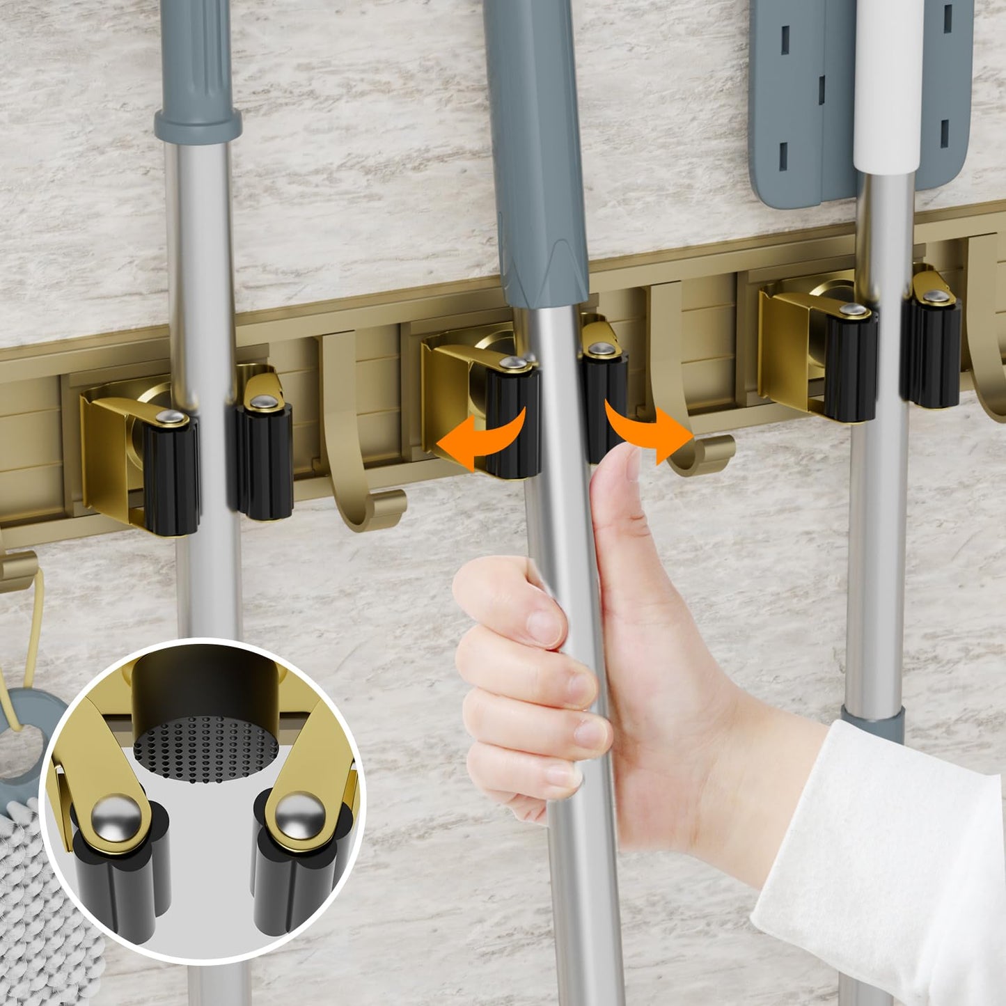 reliahom Broom Holder Wall Mount Mop and Broom Hanger Wall Mounted Garage Storage Rack Kitchen Garden Tool Organizer (4 Racks with 5 Hooks, Silver)
