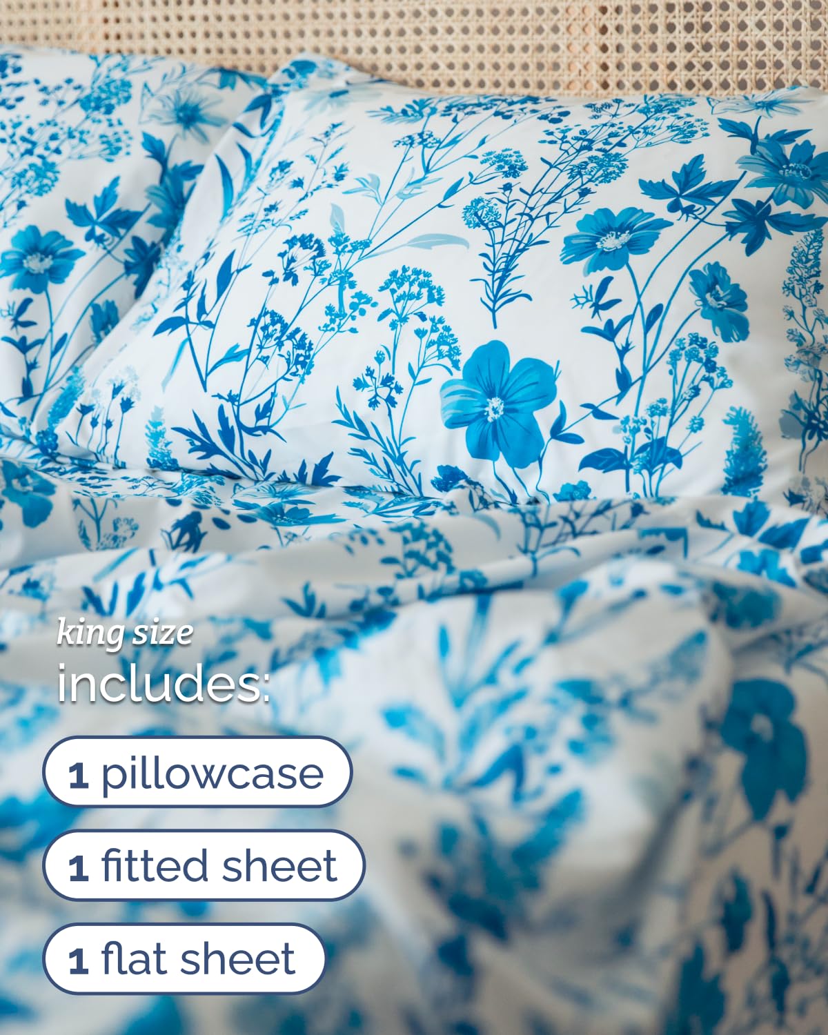 Floral Sheets - White & Blue Bed Sheet Set - 1 Flat, 1 Fitted & 2 Pillowcases w/ Deep Pockets - Comfy, Cozy, Wrinkle & Fade Free - Boho Botanical Bedding - Soft, Breathable & Cooling - King Size Set