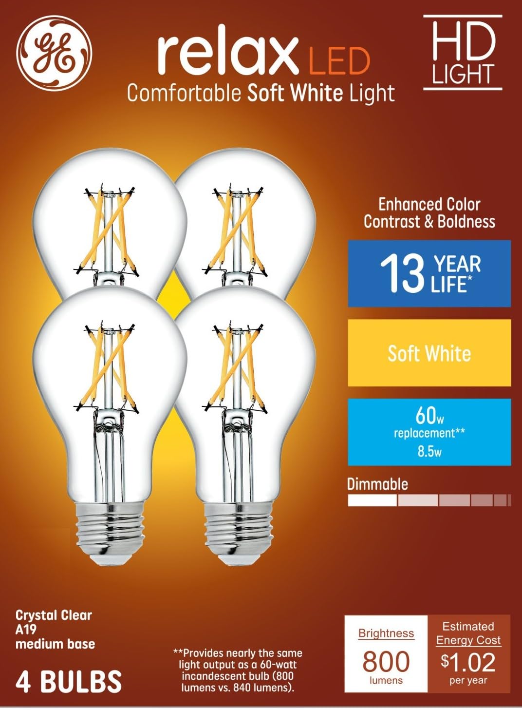 GE Relax 8-Pack A19 60 Watt Equivalent Crystal Clear Soft White Dimmable LED Light Bulbs