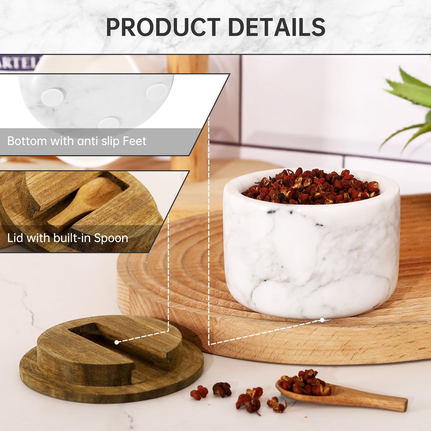 RAETTER.LY Salt and Pepper Bowl, Marble Salt Cellar and Spices Storage Container With Built-in Spoon and Acacia Wood Lid - 6.5oz Capacity (White)