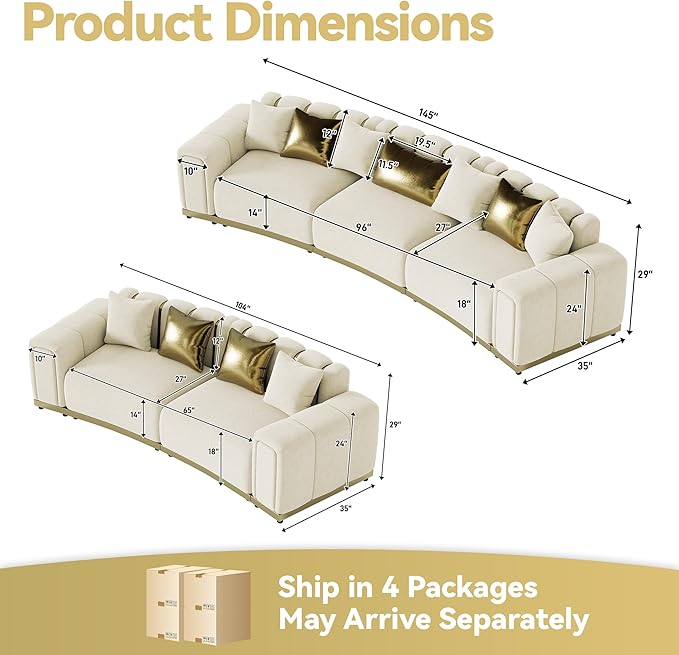 Oversized Luxury Chesterfield Sofa Set Velvet Beige and Gold Couch