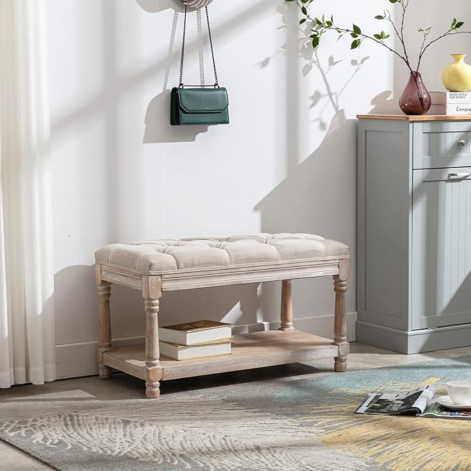 Farmhouse Storage Bench Wooden Entryway Linen Upholstered Ottoman Button Tufted