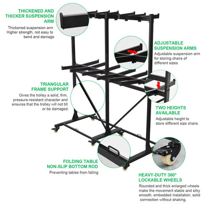 Gliretiky Folding Chair Cart Storage Rack Thickened Two Tier Heavy Duty Folding Table Chair Racks for Storage with Locking Rubber Wheels can Withstand 800LBS Capacity