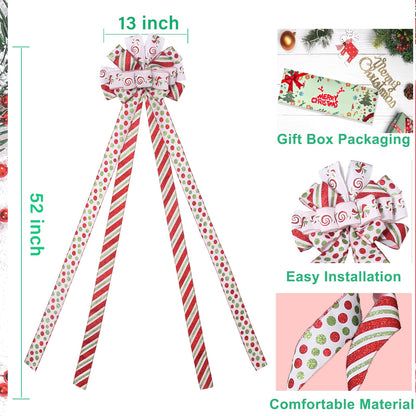 Christmas Tree Topper Wreath Bow Large Green Christmas Bow Tree Topper with Red Green Red Stripes Candy Patterned Gift Bows for Xmas Holiday Home Thanksgiving Indoor/Outdoor Decoration 52"x13"