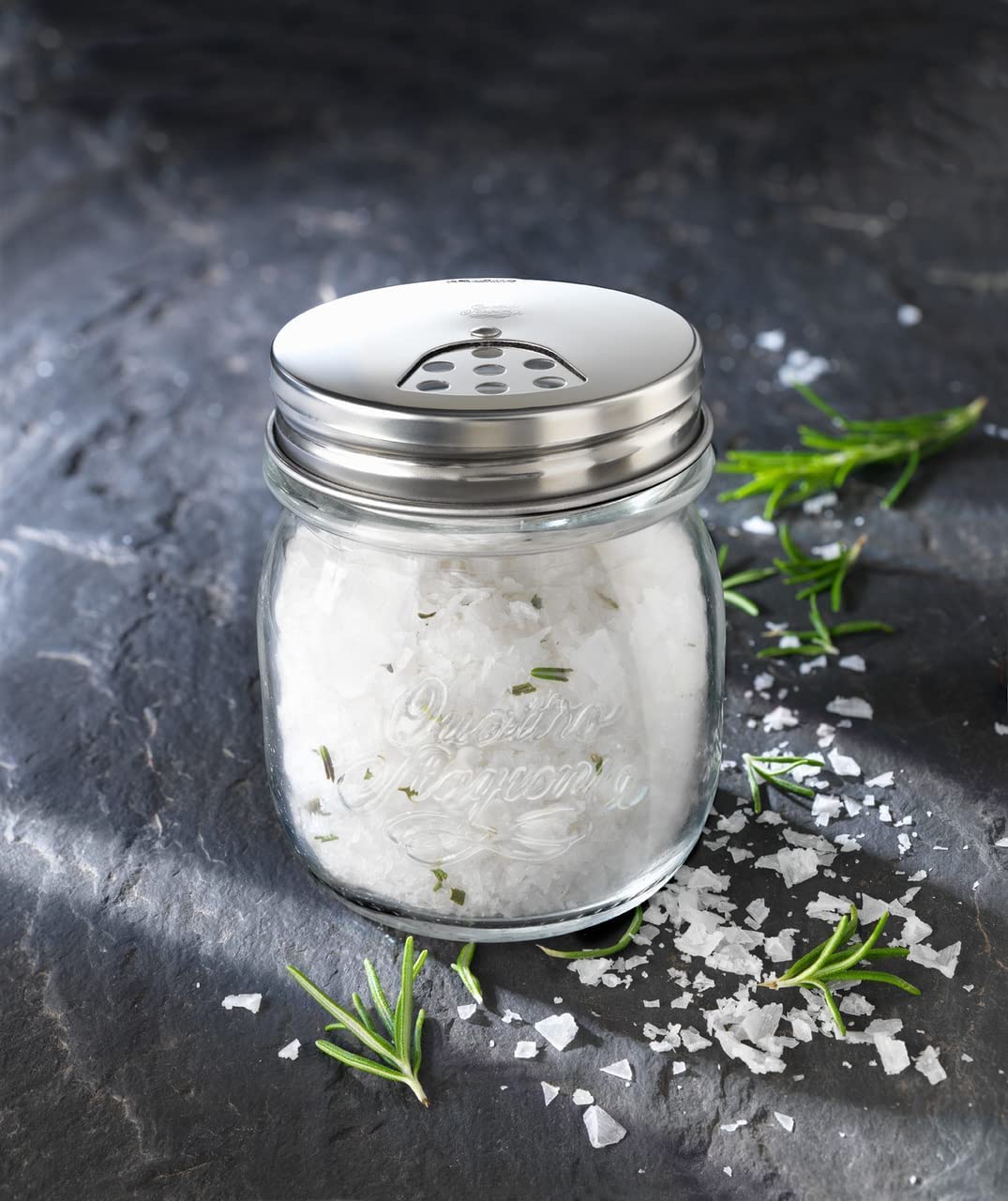 Bormioli Rocco Quattro Stagioni Spice Jar Set - 8.5 Oz, Durable Glass Mason Jars with Multi-Function Rotatable Lids, Stainless Steel Tops for Salt & Pepper - Made in Italy, Glass Spice Jars