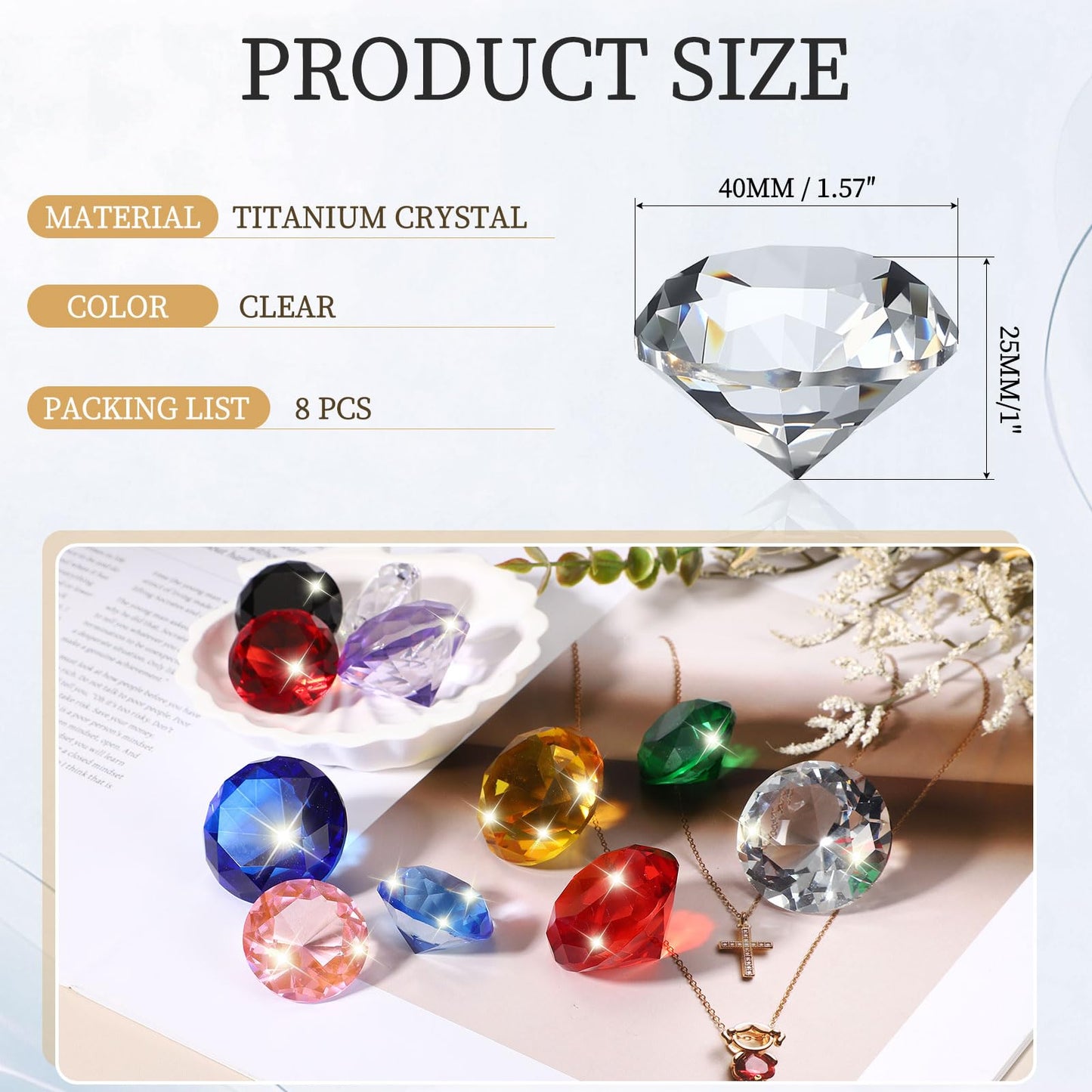 PATIKIL 8 Pcs Diamond Crystal Paperweight, 40mm / 1.57 Inch Crystal Paperweight Paper Weight for Home Office Desktop Table Decor Wedding Party Jewelry Ornaments, Clear