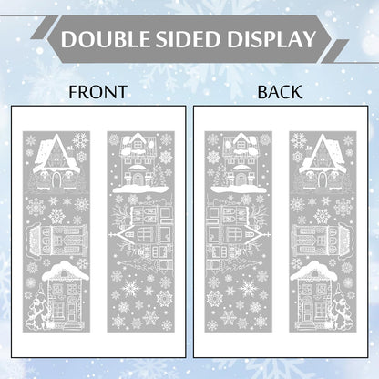 JarThenaAMCS 13.8 * 35.4'' Extra Large Christmas Window Clings 4 Sheets White House Snowflake Xmas Tree Window Stickers Double-Sided Glass Decals for Winter Xmas Home Classroom Office Party Decoration
