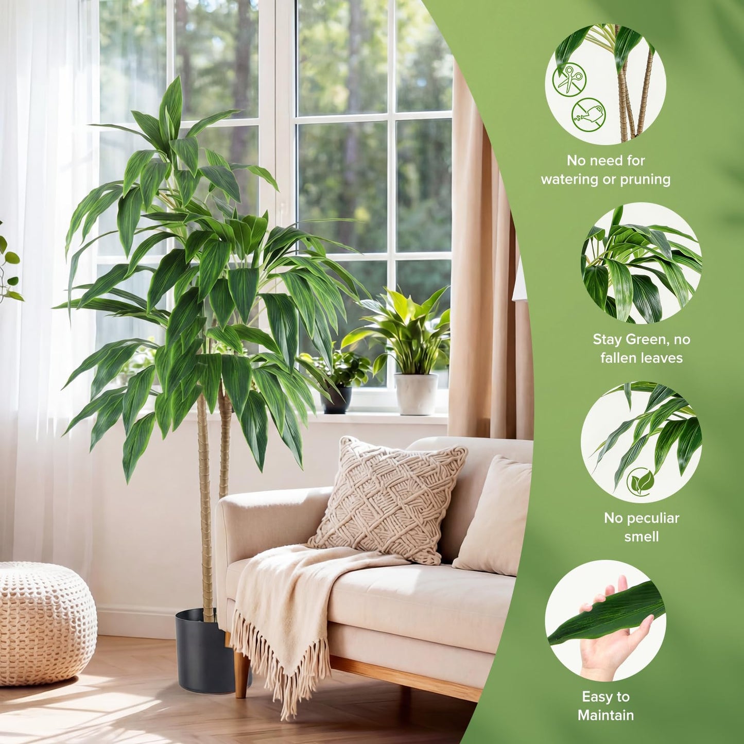 DUMOS 51in Artificial Dracaena Tree, Tall Fake Faux Plants Indoor with Lifelike Leaves Black Planter Pot, Artificial Silk Tree Maintenance Free for Home Office, House, Living Room, Porch Decor
