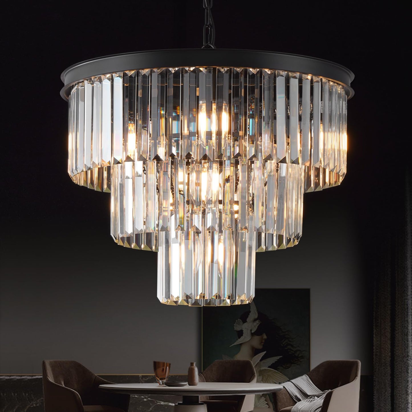 MERINEA Crystal Chandeliers Black Modern Round 20" Chandelier 7 Lights 3-Tier Ceiling Pendant Light Fixture Luxury K9 Crystal Lighting for Living Room Dining Room Bedroom Kitchen Foyer