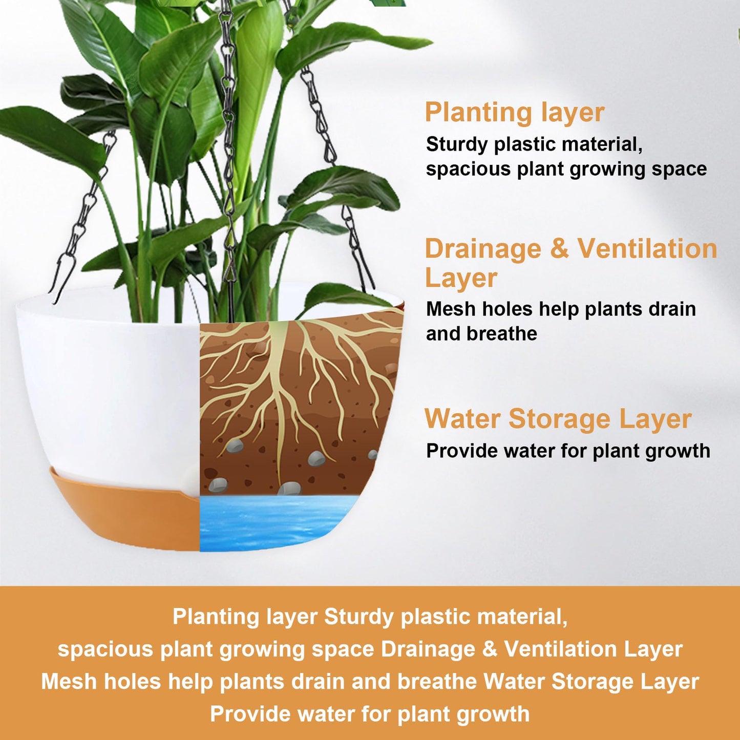 KPUVX 4 Pack Hanging Planter for Plants Indoor,8 Inch Plant Pot Outdoor Plastic Hanging Baskets with Drainage Holes and Chain for Garden Porch Plants(White+Black+Green+Beige)