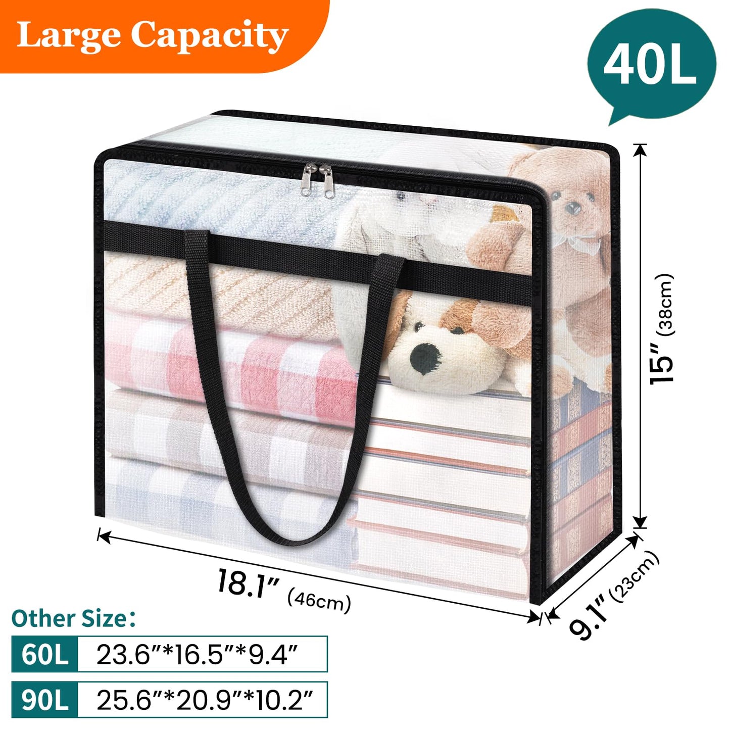 TasticTotes 6 Pack Clear Storage Bags for Comforter, Clothes & Bedding, Plastic Blanket Storage with Zipper and Handle, Moving Bags, Closet Organizer and Under-Bed Storage (40L)