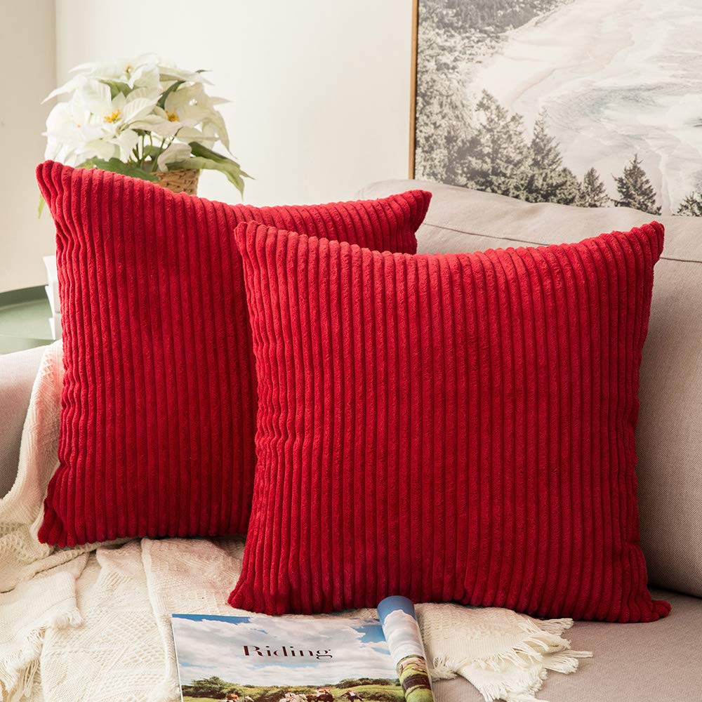 MIULEE Decorative Corduroy Pillow Covers Soft Solid Pack of 2 Cushion Cases Boho Square Throw Pillow Covers Christmas Red Pillowcases for Couch Chair Sofa Bed Living Room Home Decor 18 x 18 Inch