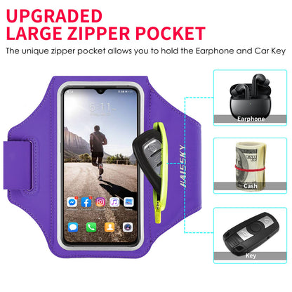 Running Armband with Earphone Bag Cell Phone Armband for iPhone 17 16 15 Pro 14 Plus 13 11 XR, Galaxy S24/S10 Water Resistant Sports Phone Holder Case & Zipper Slot Car Key Holder for 6.7 inch Phone
