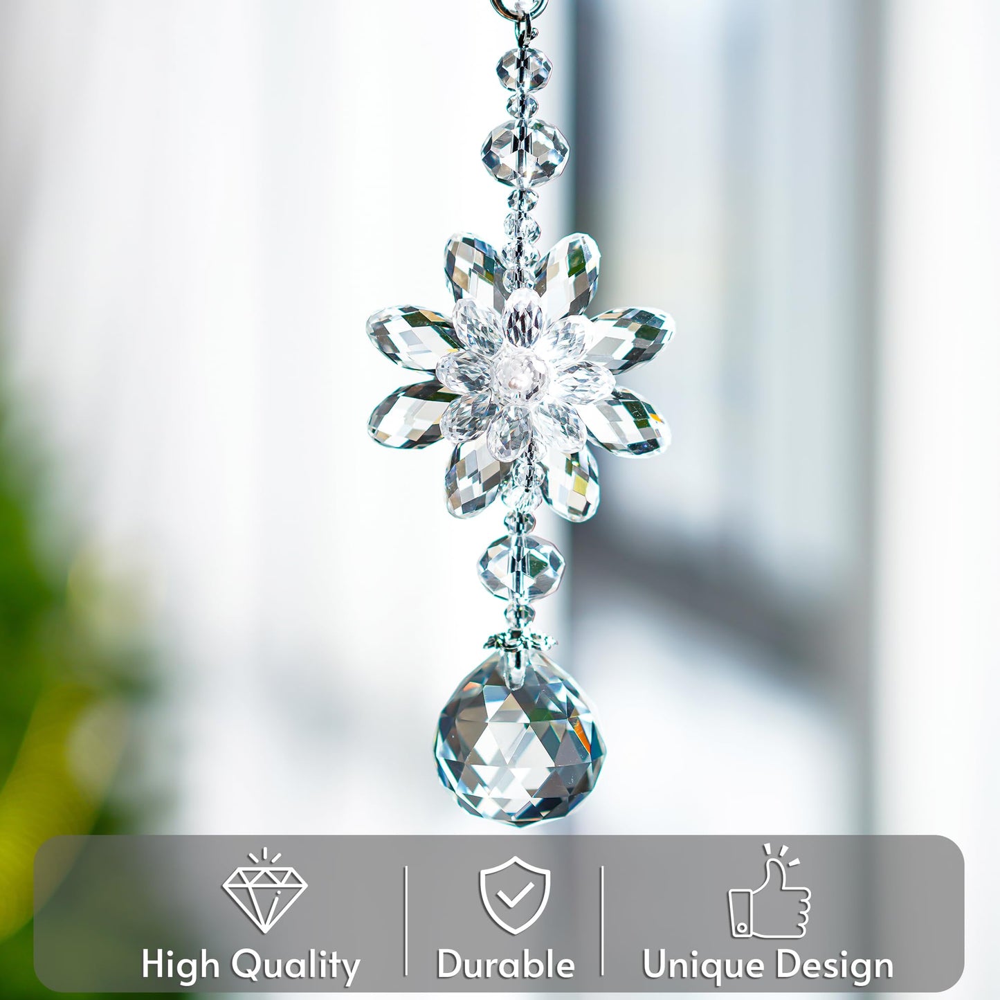 H&D HYALINE & DORA Clear Hanging Crystal Ball Prisms Flower Fengshui Ornament Suncatcher Rear View Mirror Car Charm Decor