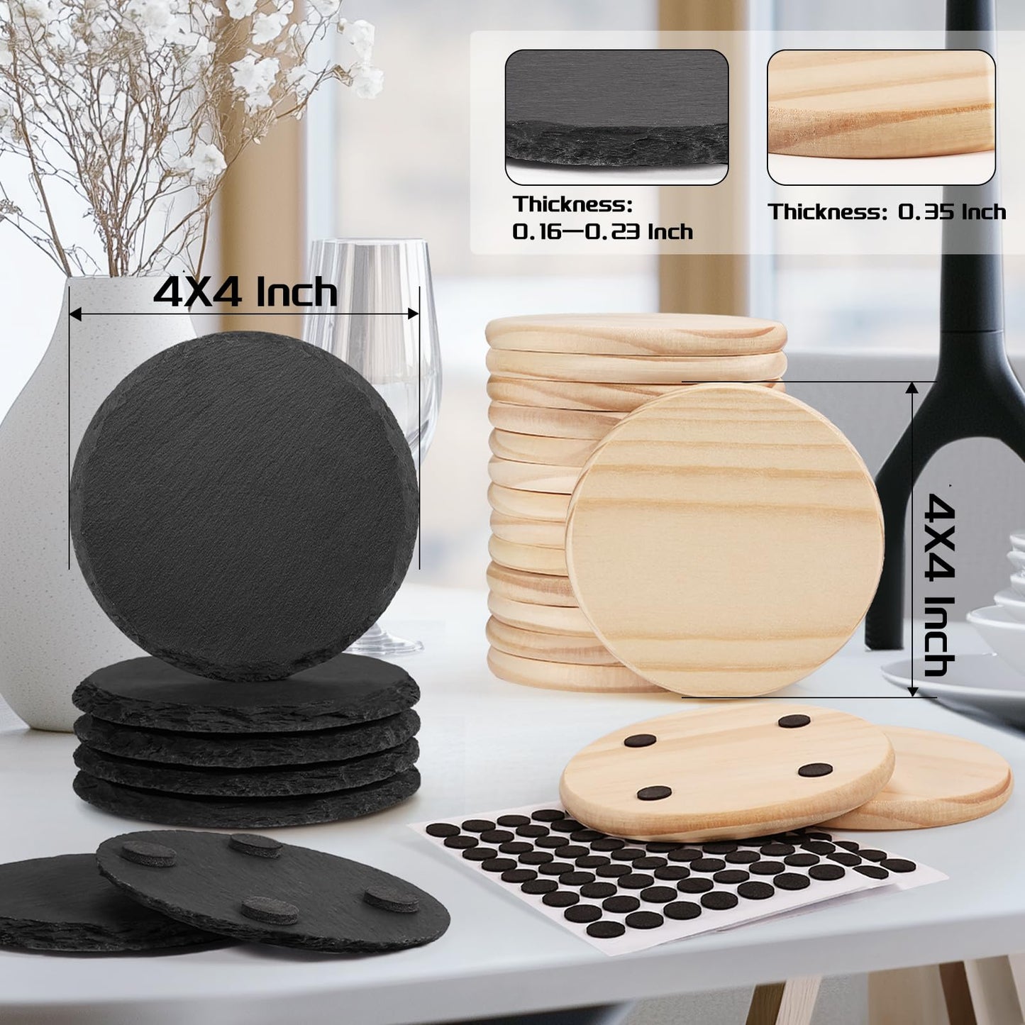 72 PCS Coasters for Laser Engraving, MAPRIAL 4 Inch 36 PCS Black Slate Stone Drink Coasters Bulk, 36 PCS Pine Wood, Engravable Blanks Material for Engraver, Halloween, Decor, Gifts, Crafts, Round