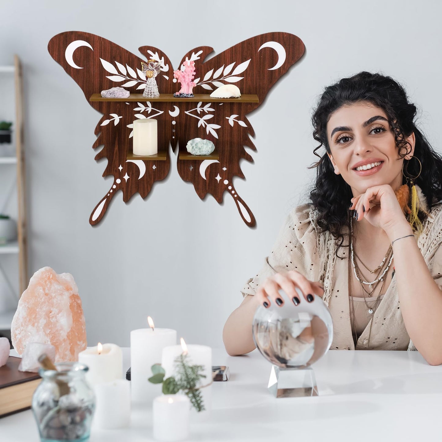 Kigley 3 Pcs Luna Moth Crystal Shelf Display Boho Wood Wall Floating Shelves Butterfly Heart Crystal Shelf Moon Decor for Gem Stone Essential Oil Storage Witchy Home Rustic Decor (Butterfly)