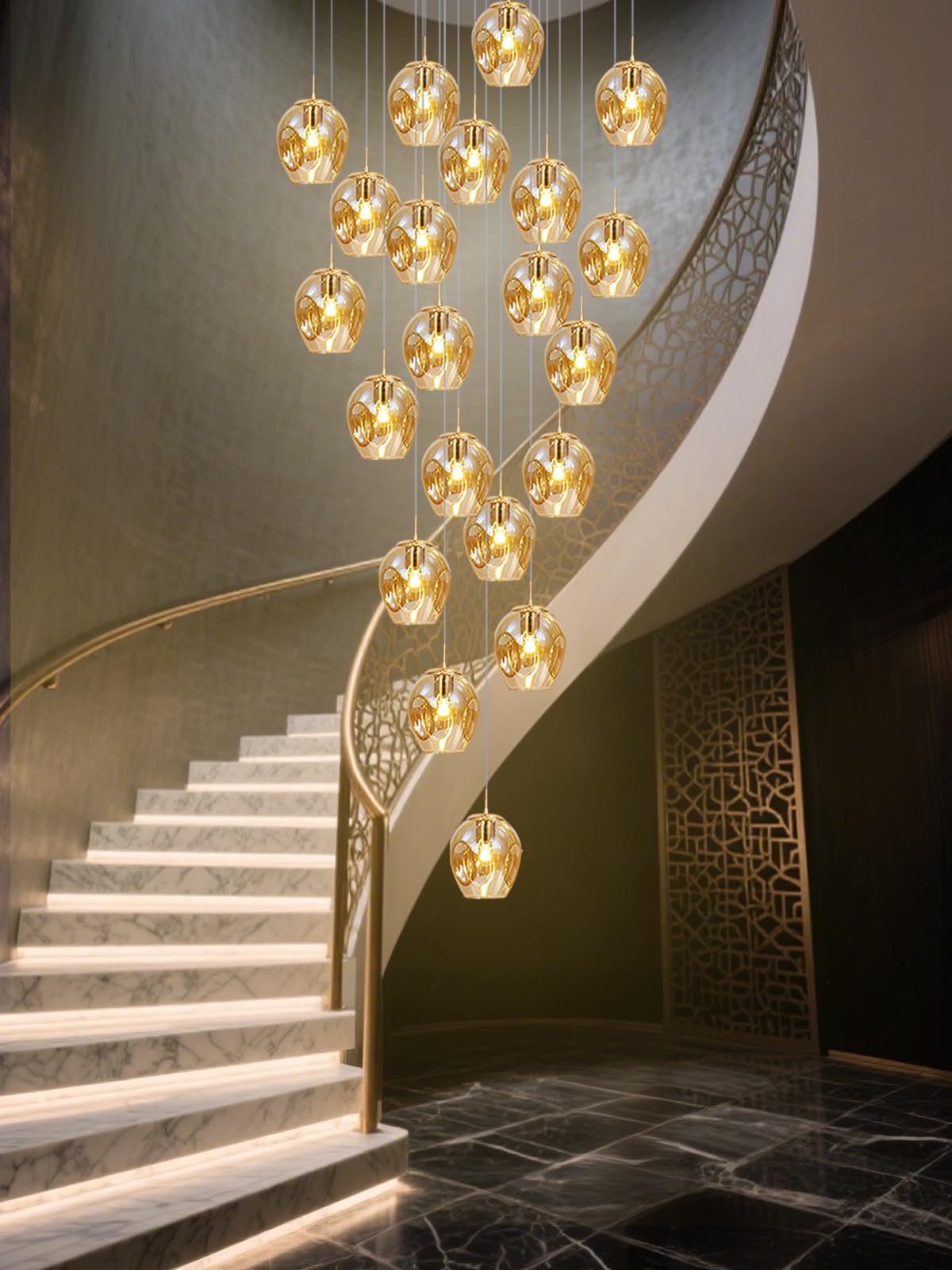 Meimond Long Chandeliers for High Ceilings,Modern Crystal Balls Pendant Light,Globe Raindrop Drop Lamp,Flush Mount Hanging Lighting Fixtures for Spiral Staircase,Foyer,Entryway,Living,15 Lights